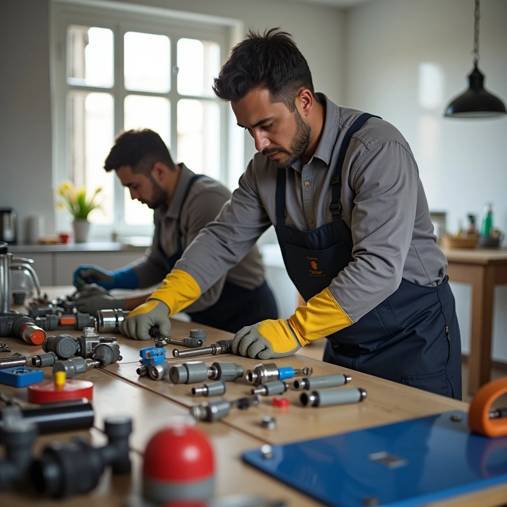 Herramientas y materiales de plomería sobre mesa de trabajo
